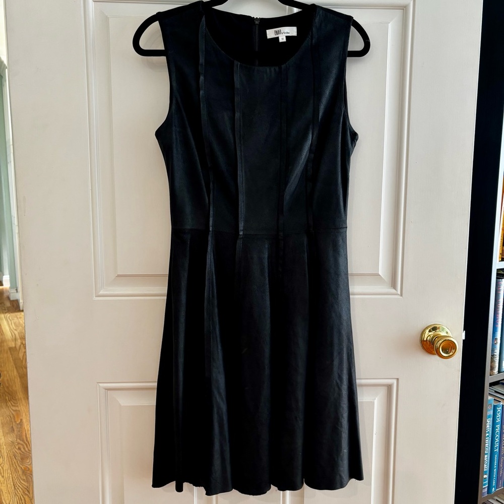 My Tribe Sz M Stretch Leather mix Fit Flare Dress Round Neck Pintuck Buttery